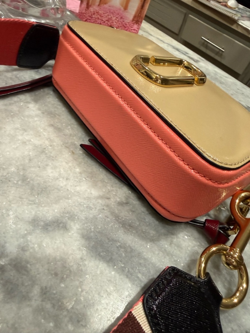 Marc Jacobs Micro Snapshot Beige Camera Crossbody with Pink-Striped Strap, EUC. - Picture 7 of 16
